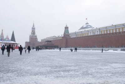 雪の舞うロシアの赤の広場